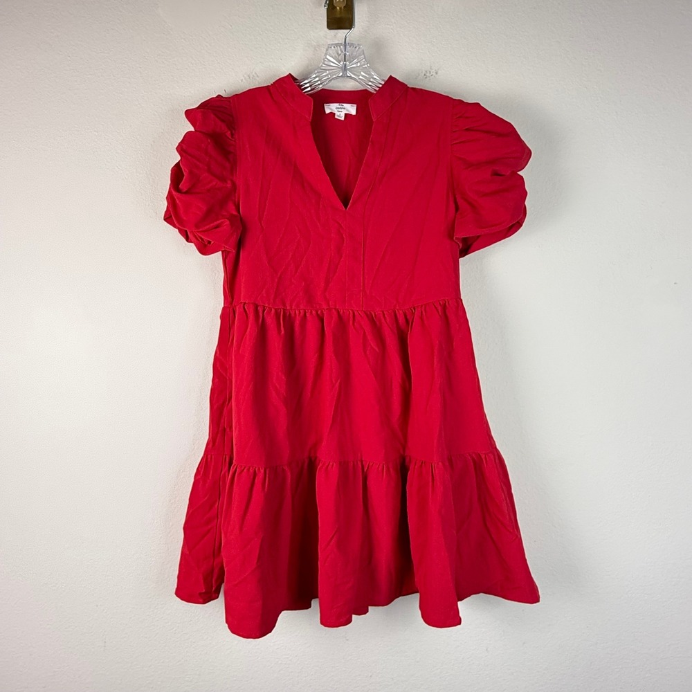 Entro Dress Womens Small Red Tiered Puff Sleeve V-Neck Babydoll Festival